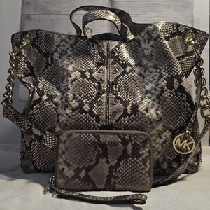 Michael Kors Snake-Print Tote Bag with Wristlet - Brown/Black